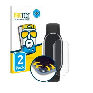 Front side of a product packaging with the brand logo BROTECT. Next to it is the device Xiaomi Smart Band 8 shown with the cor