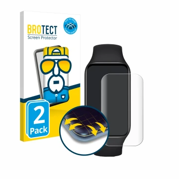 Front side of a product packaging with the brand logo BROTECT. Next to it is the device Xiaomi Smart Band 8 Active shown with 