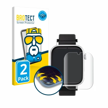 Front side of a product packaging with the brand logo BROTECT. Next to it is the device SaveFamily SaveWatch Plus shown with t