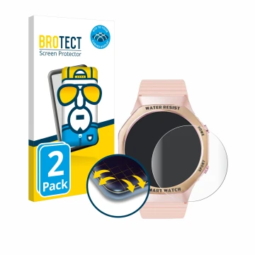 Front side of a product packaging with the brand logo BROTECT. Next to it is the device Mutoy Smartwatch 1.32
