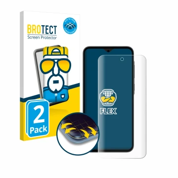 Front side of a product packaging with the brand logo BROTECT. Next to it is the device Samsung Galaxy A35 5G shown with the c