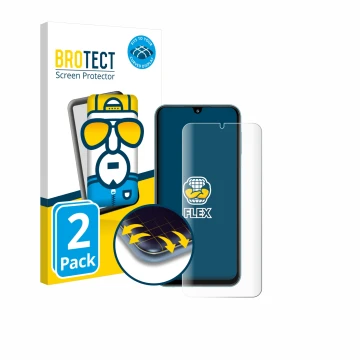 Front side of a product packaging with the brand logo BROTECT. Next to it is the device Samsung Galaxy M34 shown with the corr