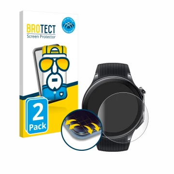 Front side of a product packaging with the brand logo BROTECT. Next to it is the device OnePlus Watch 2 shown with the corresp