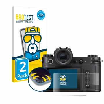 Front side of a product packaging with the brand logo BROTECT. Next to it is the device Leica SL3 (Display + top plate display