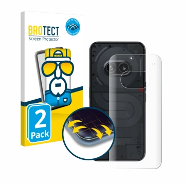 Front side of a product packaging with the brand logo BROTECT. Next to it is the device Nothing Phone (2a) (Back) shown with t
