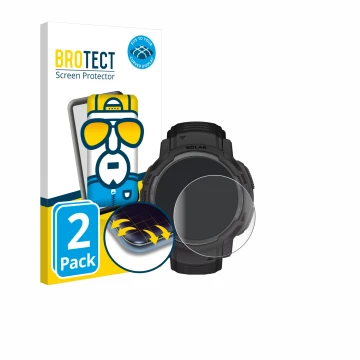 Front side of a product packaging with the brand logo BROTECT. Next to it is the device Garmin Instinct Crossover Solar shown 