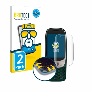 Front side of a product packaging with the brand logo BROTECT. Next to it is the device Nokia 6310 (2024) shown with the corre