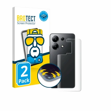 Front side of a product packaging with the brand logo BROTECT. Next to it is the device Xiaomi Redmi Note 13 4G (Back) shown w