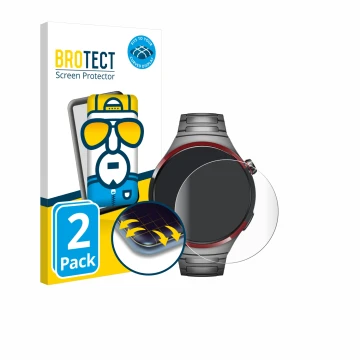 Front side of a product packaging with the brand logo BROTECT. Next to it is the device Huawei Watch 4 Pro Space Edition shown