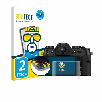 Front side of a product packaging with the brand logo BROTECT. Next to it is the device Fujifilm X-T50 shown with the correspo