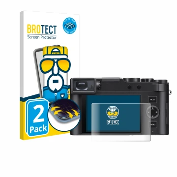 Front side of a product packaging with the brand logo BROTECT. Next to it is the device Leica D-Lux 8 shown with the correspon