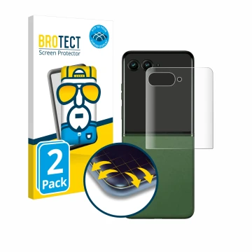 Front side of a product packaging with the brand logo BROTECT. Next to it is the device Motorola Razr 50 Ultra (Back display) 