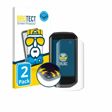 Front side of a product packaging with the brand logo BROTECT. Next to it is the device Garmin Edge 1050 shown with the corres