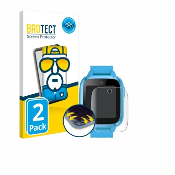 Front side of a product packaging with the brand logo BROTECT. Next to it is the device Xplora Kidzi Watch shown with the corr