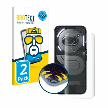 Front side of a product packaging with the brand logo BROTECT. Next to it is the device Nothing Phone (2a) Plus (Back) shown w