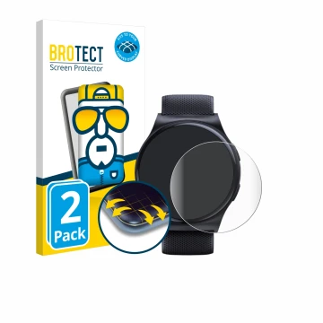 Front side of a product packaging with the brand logo BROTECT. Next to it is the device Motorola Moto Watch 120 shown with the