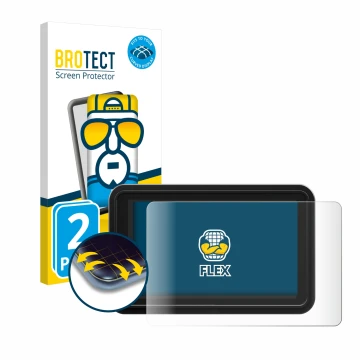 Front side of a product packaging with the brand logo BROTECT. Next to it is the device Atomos Shinobi 2 shown with the corres