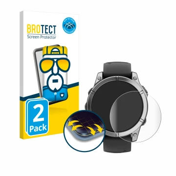 Front side of a product packaging with the brand logo BROTECT. Next to it is the device Garmin Fenix E shown with the correspo