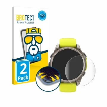 Front side of a product packaging with the brand logo BROTECT. Next to it is the device Garmin Fenix 8 Solar (47 mm) shown wit