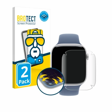 Front side of a product packaging with the brand logo BROTECT. Next to it is the device Apple Watch Series 10 (46 mm) shown wi