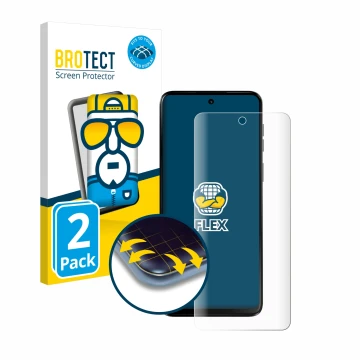 Front side of a product packaging with the brand logo BROTECT. Next to it is the device Motorola Moto G55 shown with the corre