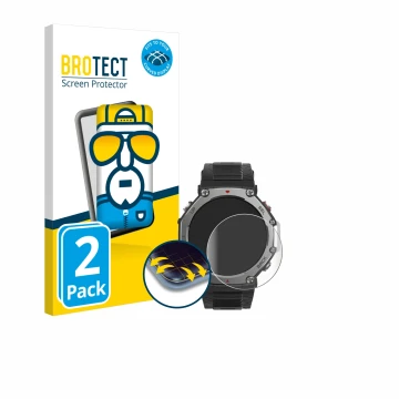 Front side of a product packaging with the brand logo BROTECT. Next to it is the device Huami Amazfit T-Rex 3 shown with the c