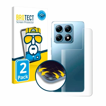 Front side of a product packaging with the brand logo BROTECT. Next to it is the device Xiaomi 14T Pro (Back) shown with the c