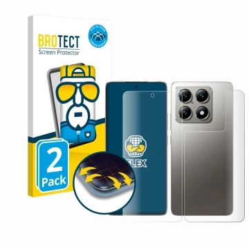 Front side of a product packaging with the brand logo BROTECT. Next to it is the device Xiaomi 14T Pro (Front+Back) shown with
