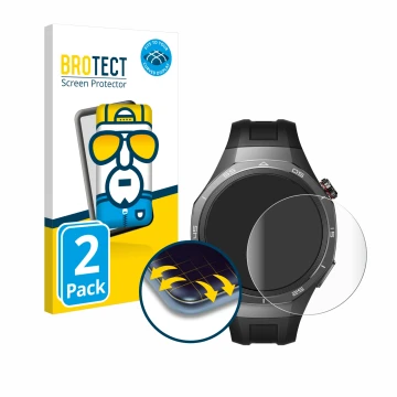 Front side of a product packaging with the brand logo BROTECT. Next to it is the device Huawei Watch GT 5 Pro (46 mm) shown wi