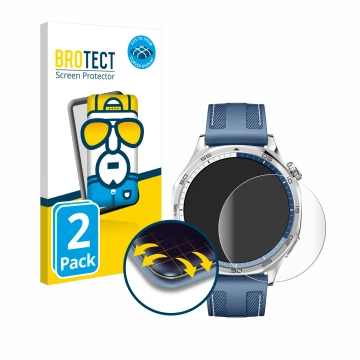 Front side of a product packaging with the brand logo BROTECT. Next to it is the device Huawei Watch GT 5 (46 mm) shown with t