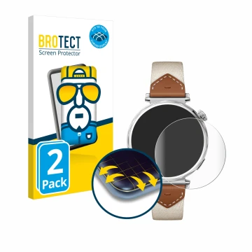 Front side of a product packaging with the brand logo BROTECT. Next to it is the device Huawei Watch GT 5 (41 mm) shown with t