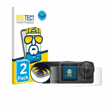 Front side of a product packaging with the brand logo BROTECT. Next to it is the device DJI Osmo Action 5 Pro shown with the c