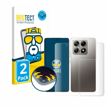 Front side of a product packaging with the brand logo BROTECT. Next to it is the device Xiaomi 14T (Front+Back) shown with the