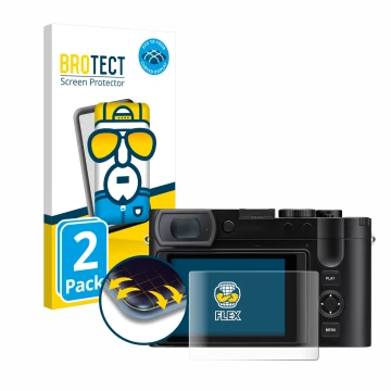 Front side of a product packaging with the brand logo BROTECT. Next to it is the device Leica Q3 43 shown with the correspondi