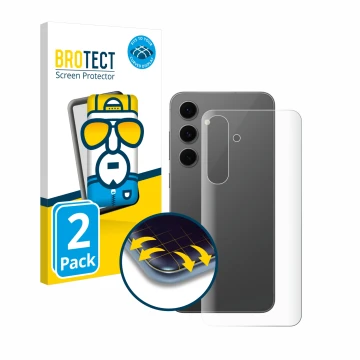 Front side of a product packaging with the brand logo BROTECT. Next to it is the device Samsung Galaxy S24 FE (Back) shown wit