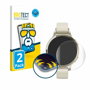 Front side of a product packaging with the brand logo BROTECT. Next to it is the device Garmin Lily 2 Active shown with the co