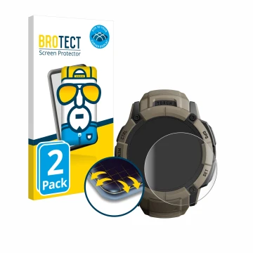 Front side of a product packaging with the brand logo BROTECT. Next to it is the device Garmin Instinct 2X Solar Tactical Edit