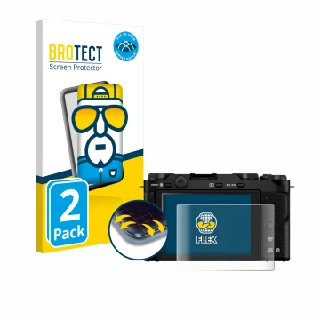 Front side of a product packaging with the brand logo BROTECT. Next to it is the device Fujifilm X-M5 shown with the correspon