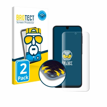 Front side of a product packaging with the brand logo BROTECT. Next to it is the device Samsung Galaxy A16 4G shown with the c