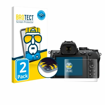 Front side of a product packaging with the brand logo BROTECT. Next to it is the device Nikon Z50 II shown with the correspond