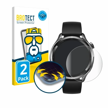 Front side of a product packaging with the brand logo BROTECT. Next to it is the device Xiaomi Watch S4 (47 mm) shown with the