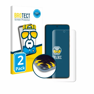 Front side of a product packaging with the brand logo BROTECT. Next to it is the device Motorola Edge 50 Neo shown with the co