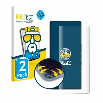 Front side of a product packaging with the brand logo BROTECT. Next to it is the device ZTE Nubia Red Magic 10 Pro shown with 