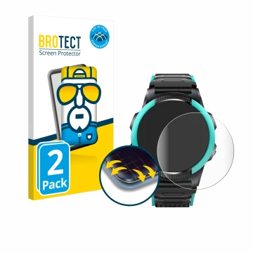 Front side of a product packaging with the brand logo BROTECT. Next to it is the device SaveFamily Slim 4G shown with the corr
