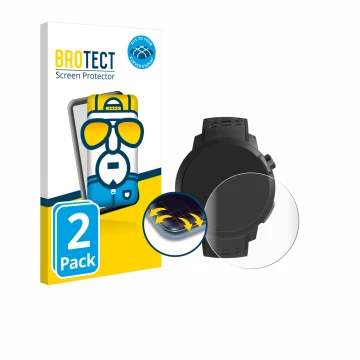 Front side of a product packaging with the brand logo BROTECT. Next to it is the device Coros Pace Pro shown with the correspo