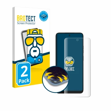 Front side of a product packaging with the brand logo BROTECT. Next to it is the device Motorola Moto G35 shown with the corre