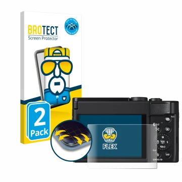 Front side of a product packaging with the brand logo BROTECT. Next to it is the device Panasonic Lumix DC-TZ99 shown with the