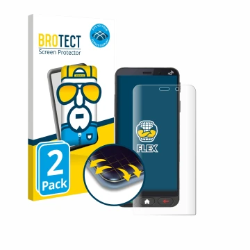 Front side of a product packaging with the brand logo BROTECT. Next to it is the device Brondi Amico Vero 4G shown with the co