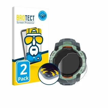 Front side of a product packaging with the brand logo BROTECT. Next to it is the device Garmin Instinct 3 AMOLED (50 mm) shown