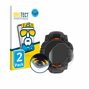 Front side of a product packaging with the brand logo BROTECT. Next to it is the device Garmin Instinct 3 Solar (50 mm) shown 